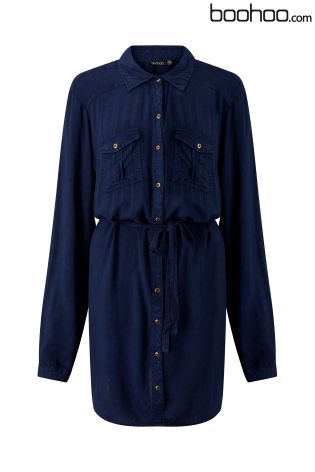 Boohoo Petite Denim Tie Waist Shirt Dress